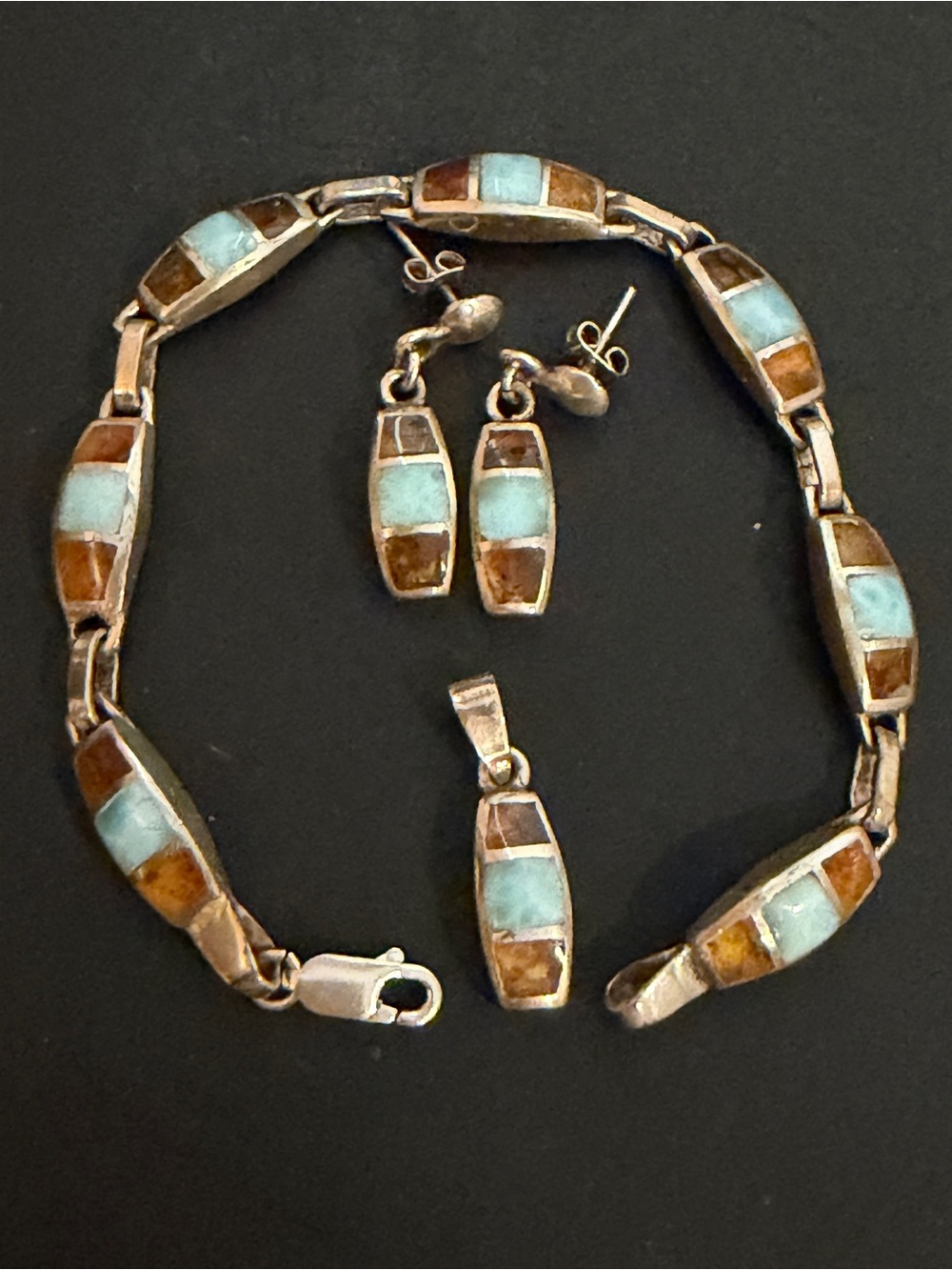 Larimar And Amber Inlaid In Sterling Silver Necklace Earrings Pendant Vintage